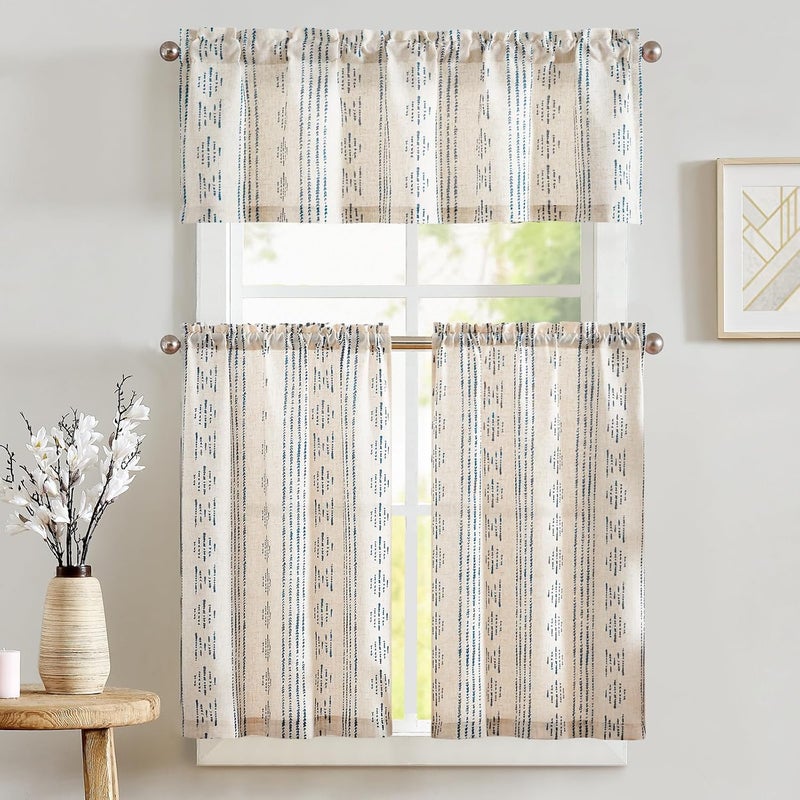 jinchan Boho Stripe Kitchen Curtains and Valance Set Linen Tier Curtains Bohemian Small Window Drapes 36 Inch for Cafe Living Room Bathroom Window Treatments Rod Pocket 3 Pieces Set Blue on Beige - Image 1